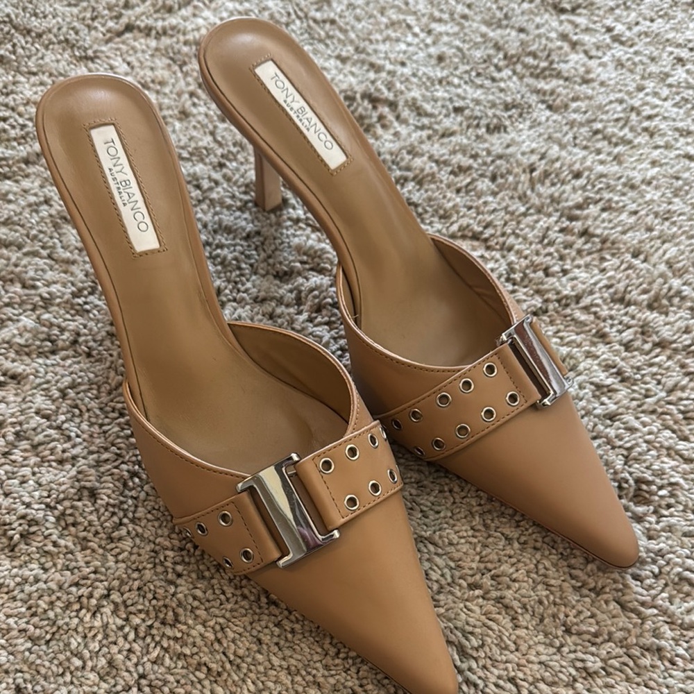 Tony Bianco Tan Mules with Pointed Toe and High Heel